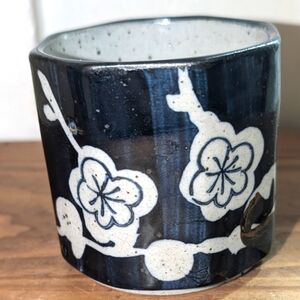 Vintage Octagonal Ceramic Cup Floral Motif Blue, White, Bronze 2.5" x 2.5"